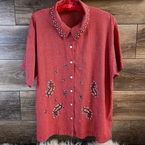Cabin Creek Ladies Button Up Short Sleeves Top Blouse,Size 1X,Red,White & Black - Picture 1 of 7